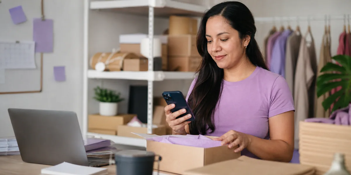 Ecommerce owner preparing an order while handling a conversation from her phone